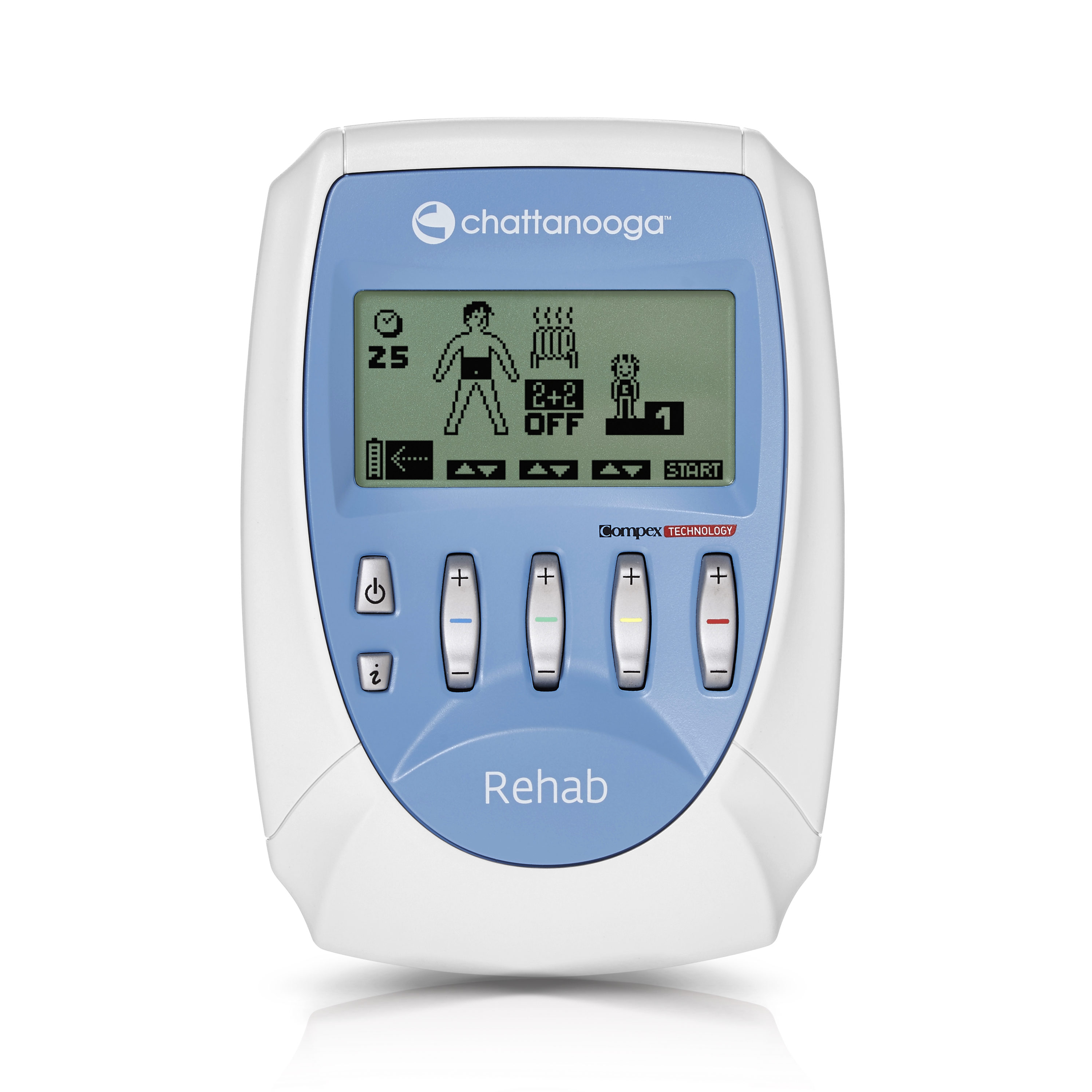 Produktbild CHATTANOOGA® Rehab, Fortgeschrittene, mobile 4-Kanal-Stimulation mittels Handbedieneinheit und 4 Elektrodenkabeln (VMS, TENS, Ionto und denervierte Stim)